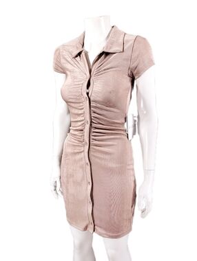 Ruched Slinky Andy Metallic Taupe Button Down Shirt Mini Dress With Jean